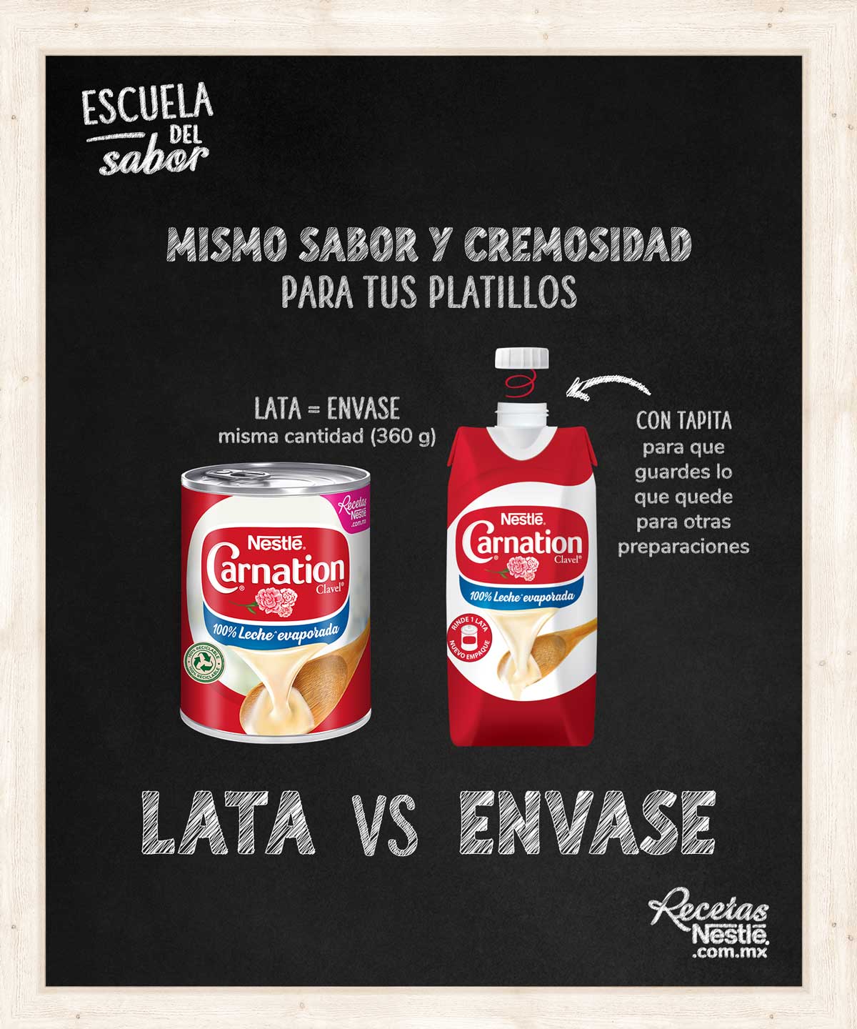 Diferencias entre lata de Carnation® Clavel® y envase con tapa 