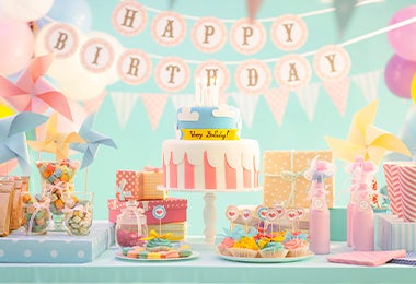Fiesta con pastel de cumpleaños con velas y regalos 