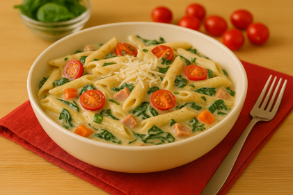 Pasta en Salsa de Cuatro Quesos y Espinaca