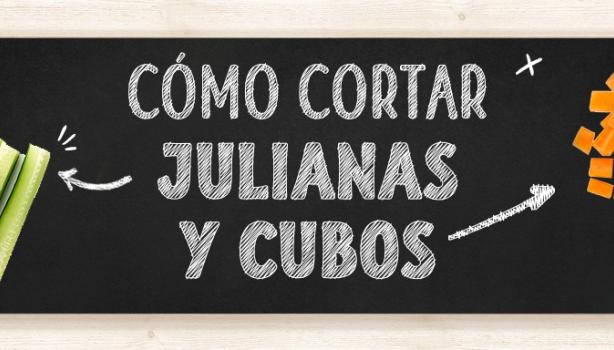 Pizarrón con el título cómo cortar julianas y cubos