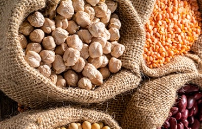 Sacos con granos de garbanzos   