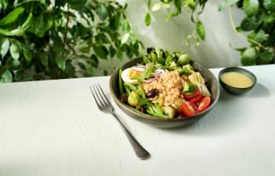 Ensalada balanceada para cenar estilo nicoise con huevo, tomate y atún