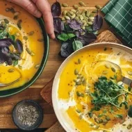  Tres tazones de sopa fría decorados con hierbas frescas