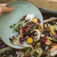 Restos de frutas y verduras en un contenedor de abonos naturales 