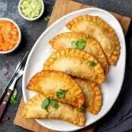 Platillo de empanadas de pescado con salsas de acompañamiento.