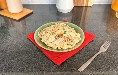 Pasta Cuatro Quesos con Camarones
