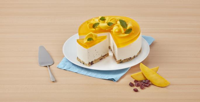 Cheesecake de mango con hierbabuena