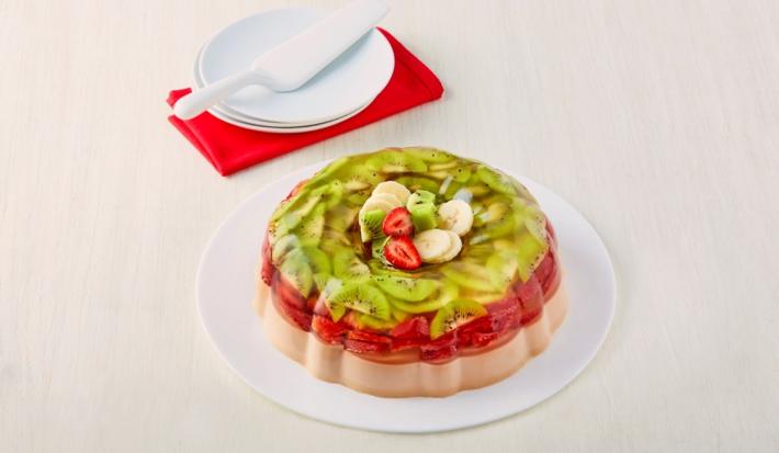 Gelatina de kiwi, fresa y plátano deslactosada Gelatina de kiwi, fresa y plátano deslactosada