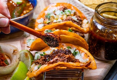 Tacos con salsa. Insectos Fritos Que Se Sirven En Un Plato.